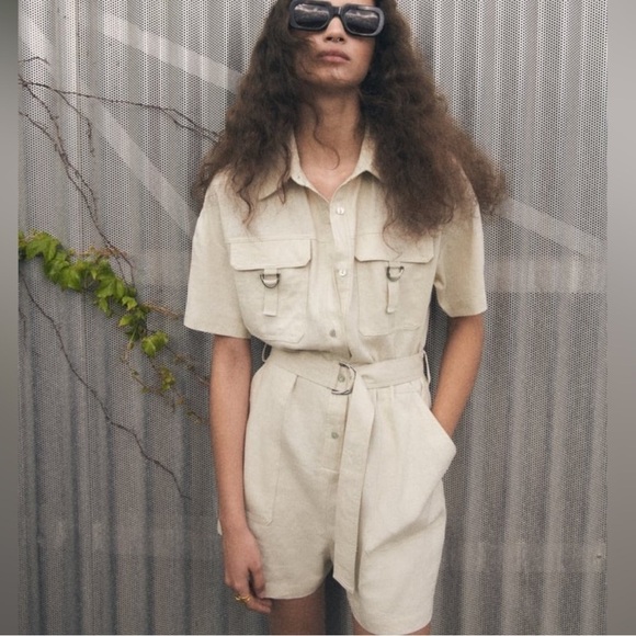NWT Zara Linen Belted Romper  Short Jumpsuit Size Medium - Picture 1 of 5